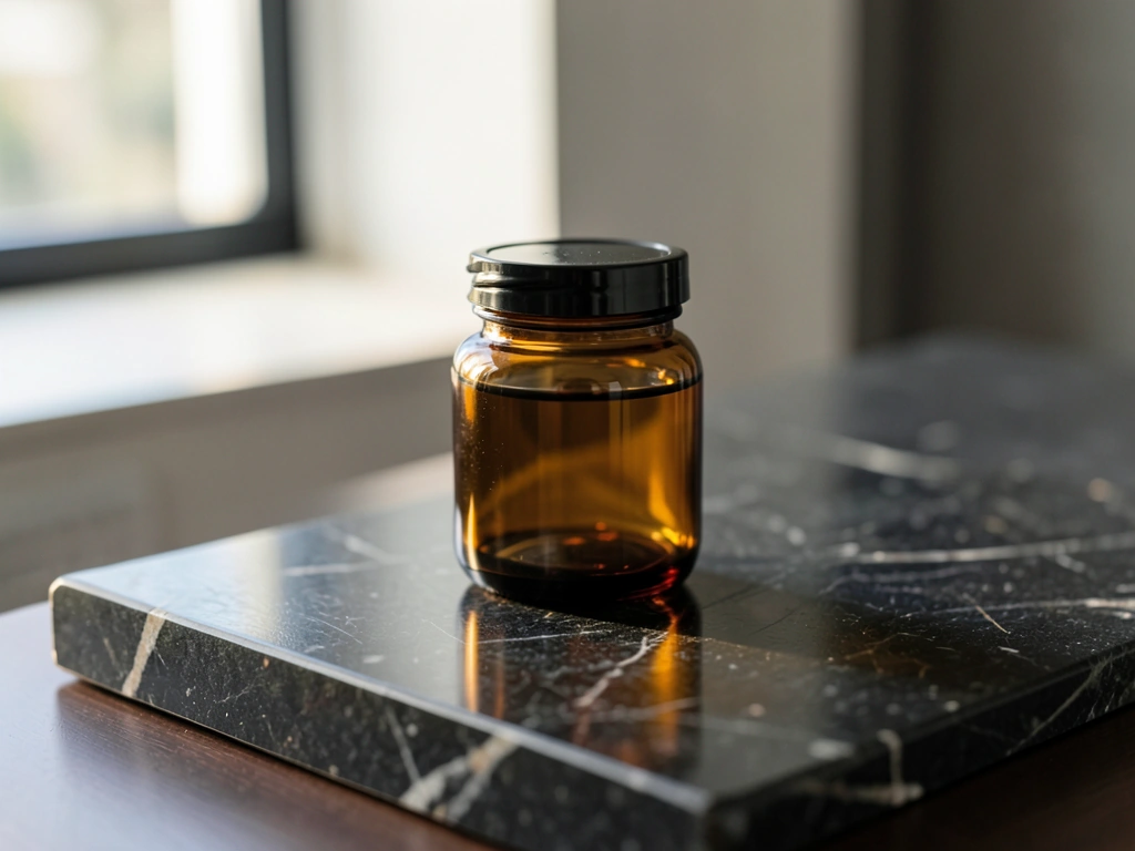 Premium nutritional glass vessel on architectural stone
