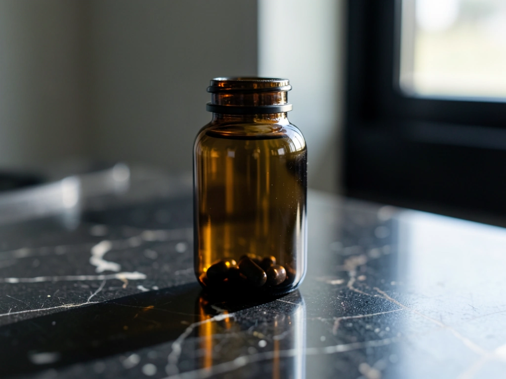 Premium glass supplement container on minimalist stone surface